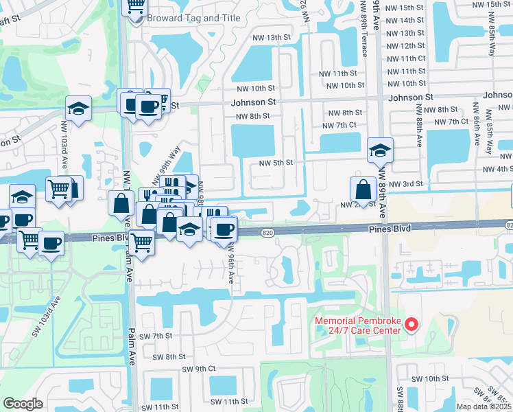 map of restaurants, bars, coffee shops, grocery stores, and more near 9620 Northwest 2nd Street in Pembroke Pines