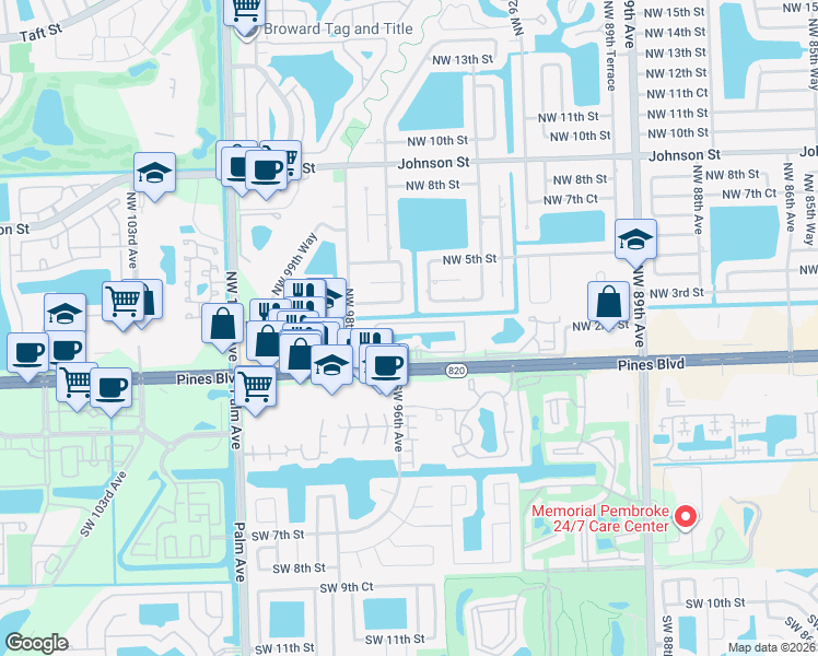 map of restaurants, bars, coffee shops, grocery stores, and more near 9620 Northwest 2nd Street in Pembroke Pines