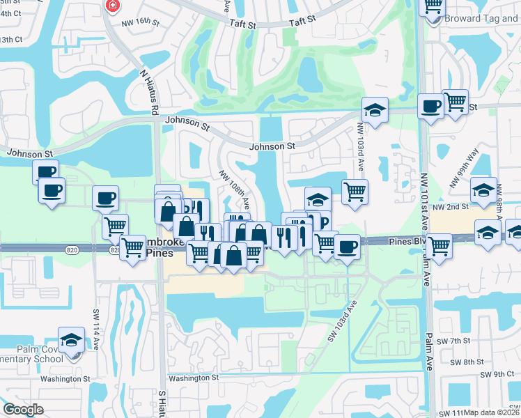 map of restaurants, bars, coffee shops, grocery stores, and more near 246 Northwest 107th Avenue in Pembroke Pines