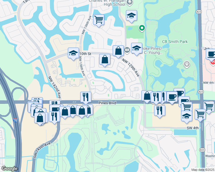 map of restaurants, bars, coffee shops, grocery stores, and more near 13401 Northwest 5th Court in Pembroke Pines