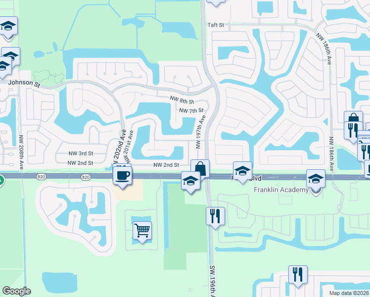 map of restaurants, bars, coffee shops, grocery stores, and more near 310 Northwest 198th Avenue in Pembroke Pines