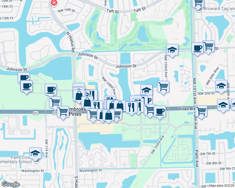 map of restaurants, bars, coffee shops, grocery stores, and more near 246 Northwest 107th Avenue in Pembroke Pines