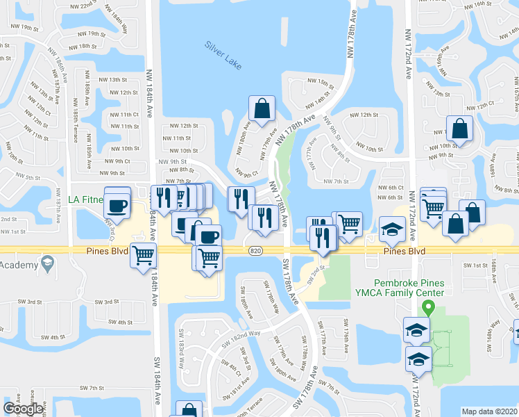 map of restaurants, bars, coffee shops, grocery stores, and more near 17913 Northwest 7th Street in Pembroke Pines