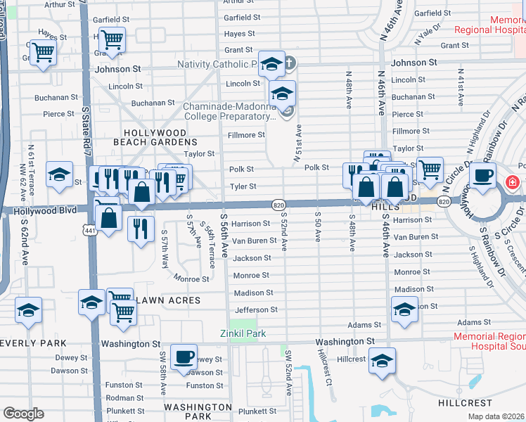 map of restaurants, bars, coffee shops, grocery stores, and more near 5400 Hollywood Boulevard in Hollywood