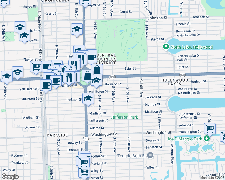 map of restaurants, bars, coffee shops, grocery stores, and more near 218 South 16th Avenue in Hollywood
