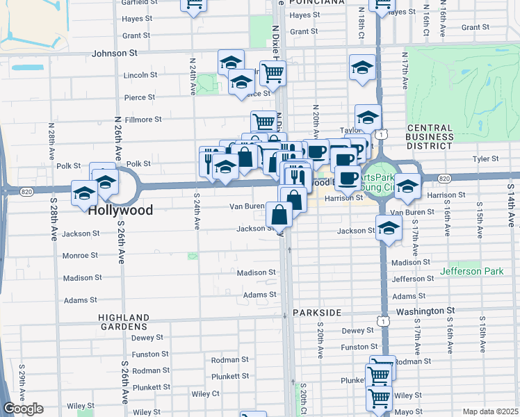map of restaurants, bars, coffee shops, grocery stores, and more near 2150 Van Buren Street in Hollywood