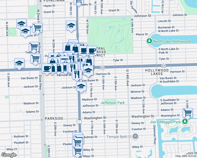 map of restaurants, bars, coffee shops, grocery stores, and more near 1647 Van Buren Street in Hollywood