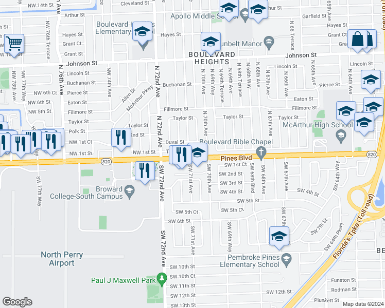 map of restaurants, bars, coffee shops, grocery stores, and more near 7040 Tyler Street in Hollywood