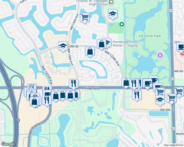 map of restaurants, bars, coffee shops, grocery stores, and more near 13401 Northwest 5th Street in Pembroke Pines