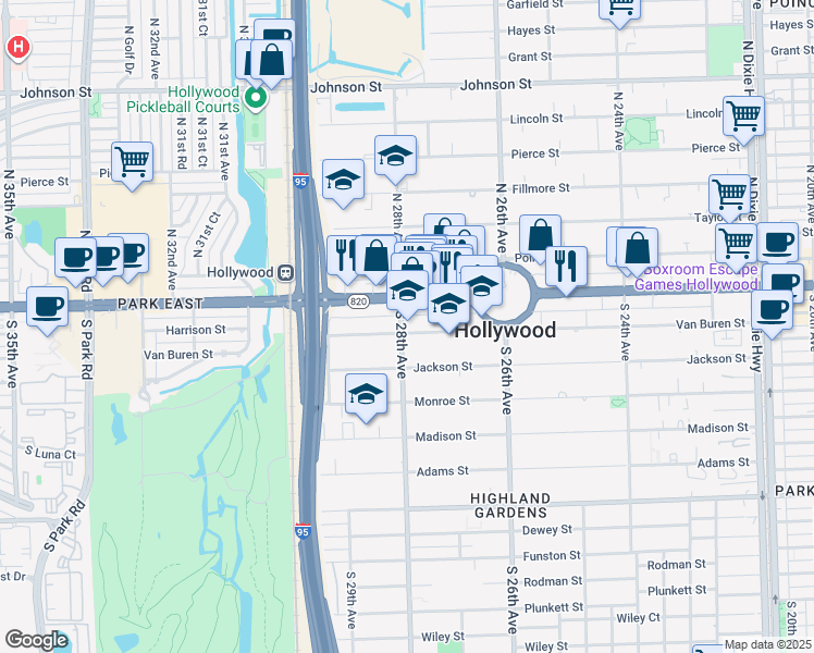 map of restaurants, bars, coffee shops, grocery stores, and more near 2751 Van Buren Street in Hollywood