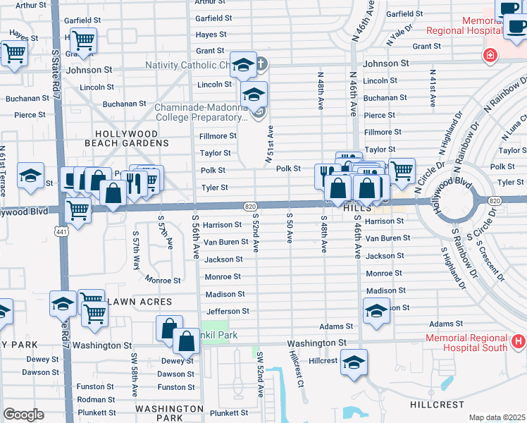 map of restaurants, bars, coffee shops, grocery stores, and more near 2 South 52nd Avenue in Hollywood