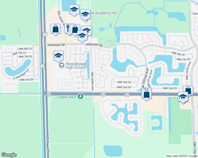 map of restaurants, bars, coffee shops, grocery stores, and more near 234 Northwest 207th Terrace in Pembroke Pines