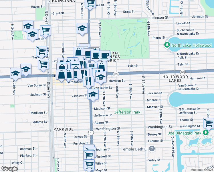 map of restaurants, bars, coffee shops, grocery stores, and more near 1647 Van Buren Street in Hollywood