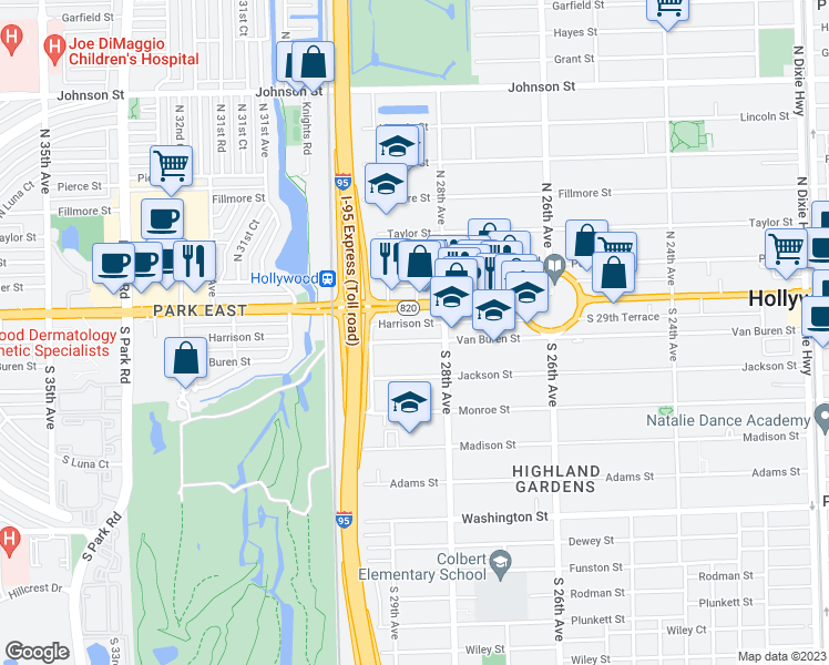 map of restaurants, bars, coffee shops, grocery stores, and more near 2829 Van Buren Street in Hollywood