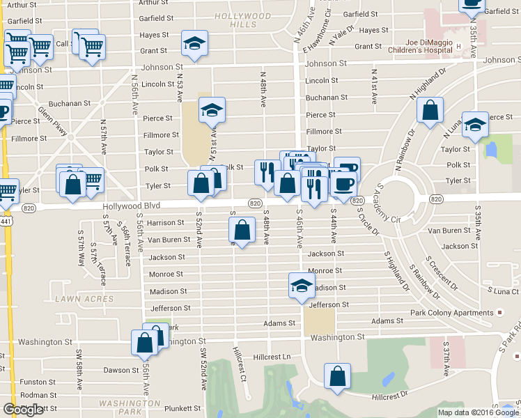 map of restaurants, bars, coffee shops, grocery stores, and more near 4770 Hollywood Boulevard in Hollywood