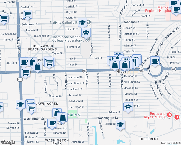 map of restaurants, bars, coffee shops, grocery stores, and more near 5010 Hollywood Boulevard in Hollywood
