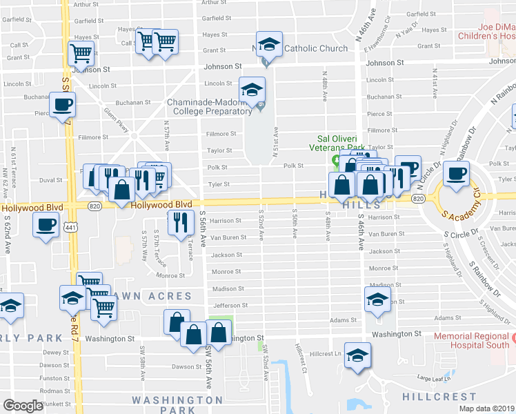 map of restaurants, bars, coffee shops, grocery stores, and more near 2 South 52nd Avenue in Hollywood