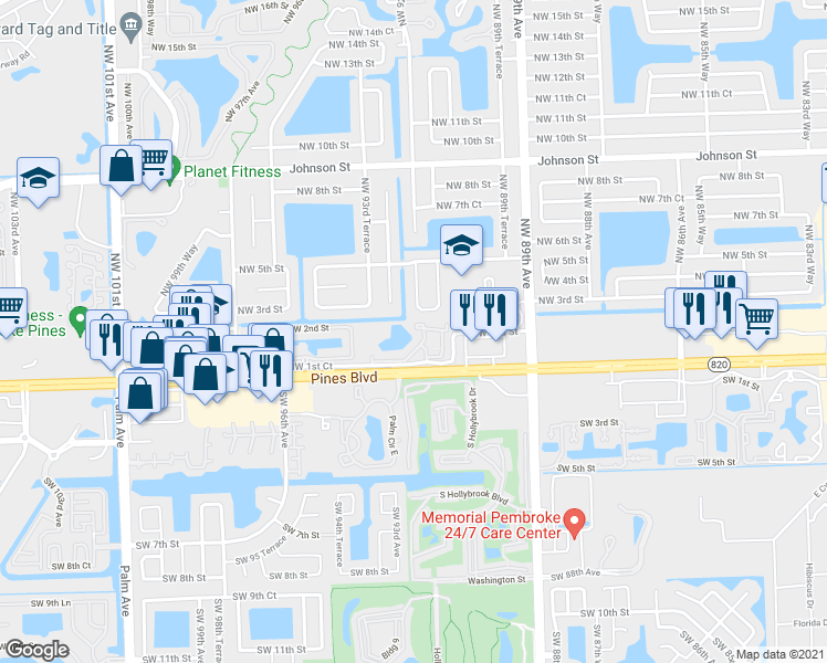map of restaurants, bars, coffee shops, grocery stores, and more near 154 Northwest 92nd Avenue in Pembroke Pines