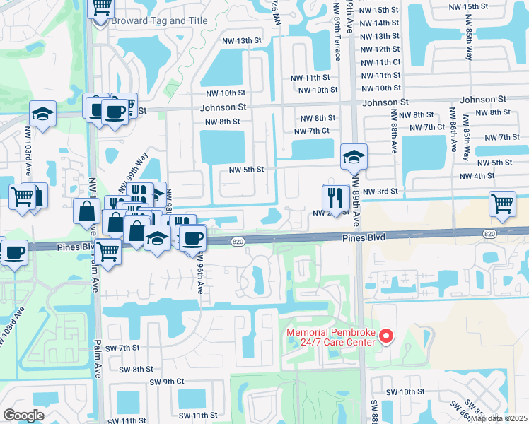 map of restaurants, bars, coffee shops, grocery stores, and more near 157 Northwest 93rd Avenue in Pembroke Pines