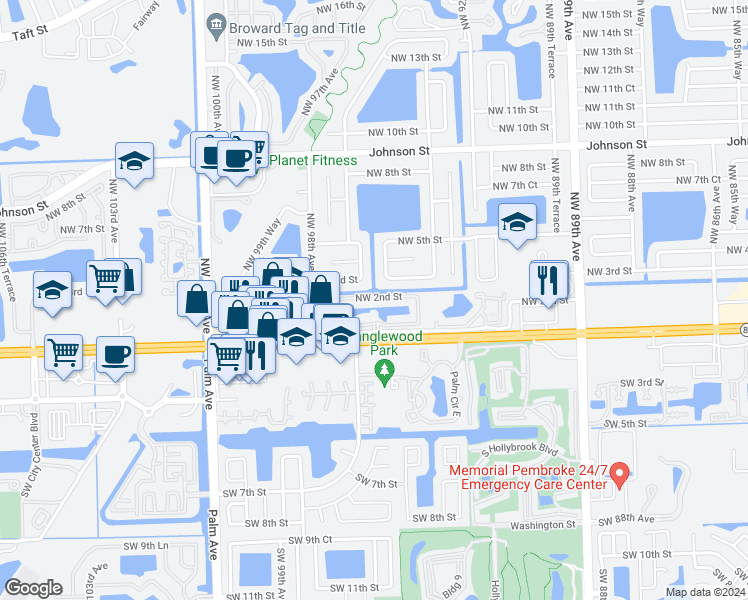 map of restaurants, bars, coffee shops, grocery stores, and more near 9620 Northwest 2nd Street in Pembroke Pines