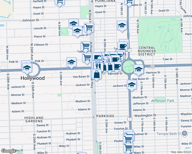 map of restaurants, bars, coffee shops, grocery stores, and more near 2035 Van Buren Street in Hollywood