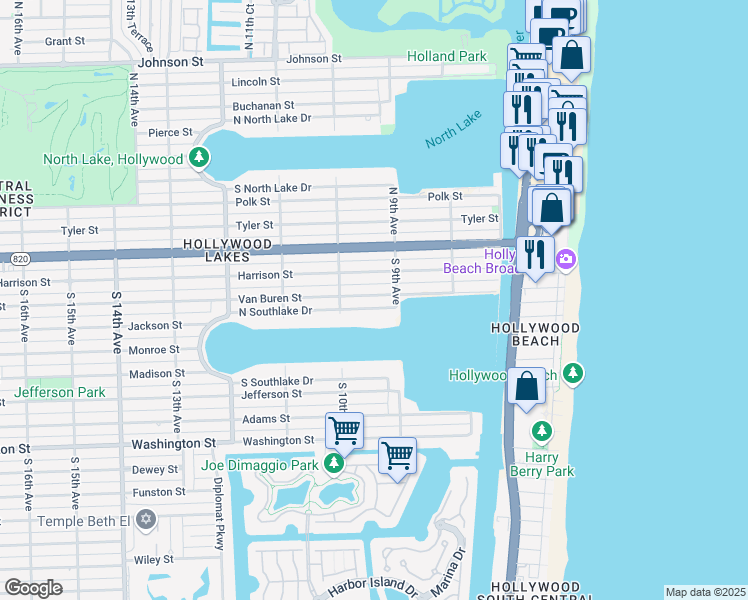 map of restaurants, bars, coffee shops, grocery stores, and more near 922 Van Buren Street in Hollywood
