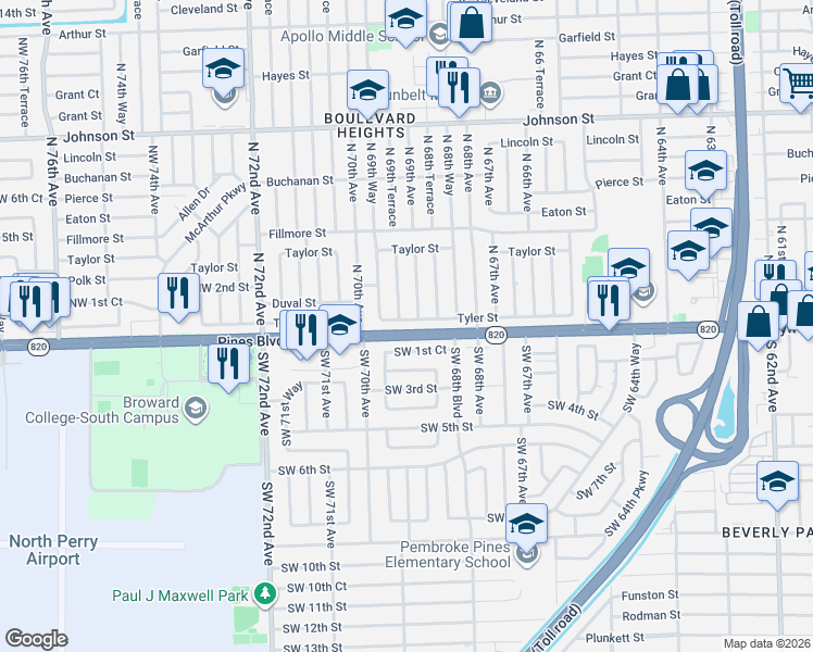 map of restaurants, bars, coffee shops, grocery stores, and more near 6920 Tyler Street in Hollywood