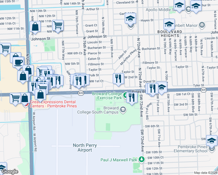 map of restaurants, bars, coffee shops, grocery stores, and more near 7401 Pines Boulevard in Pembroke Pines