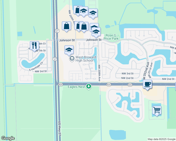 map of restaurants, bars, coffee shops, grocery stores, and more near 20848 Northwest 3rd Court in Pembroke Pines