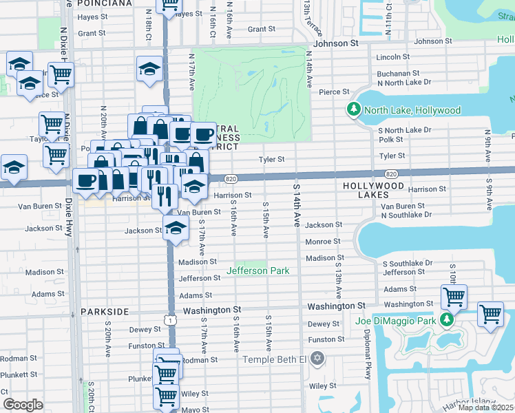 map of restaurants, bars, coffee shops, grocery stores, and more near 1515 Van Buren Street in Hollywood