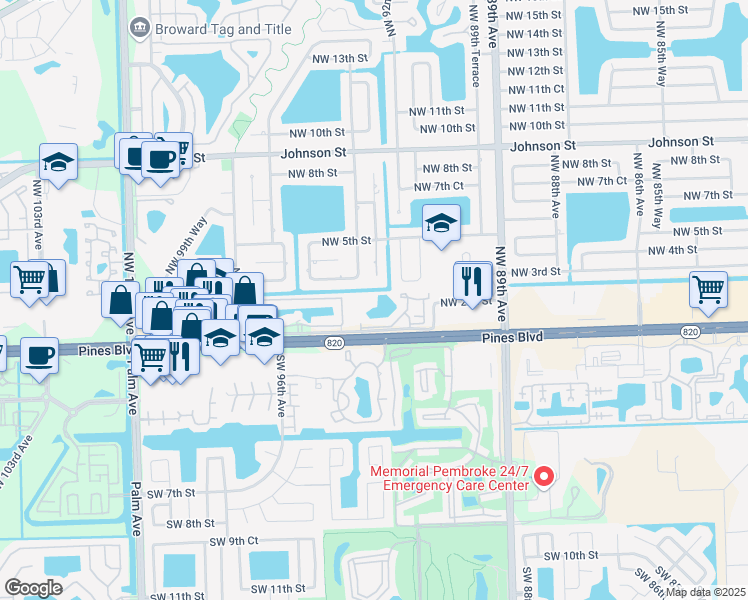 map of restaurants, bars, coffee shops, grocery stores, and more near 157 Northwest 93rd Avenue in Pembroke Pines