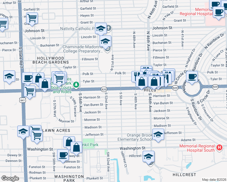 map of restaurants, bars, coffee shops, grocery stores, and more near 5010 Hollywood Boulevard in Hollywood