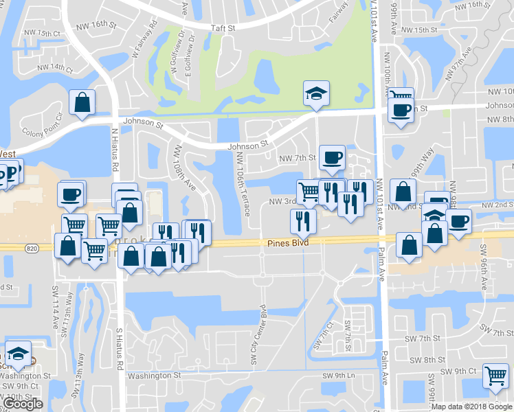 map of restaurants, bars, coffee shops, grocery stores, and more near 278 Northwest 106th Avenue in Pembroke Pines
