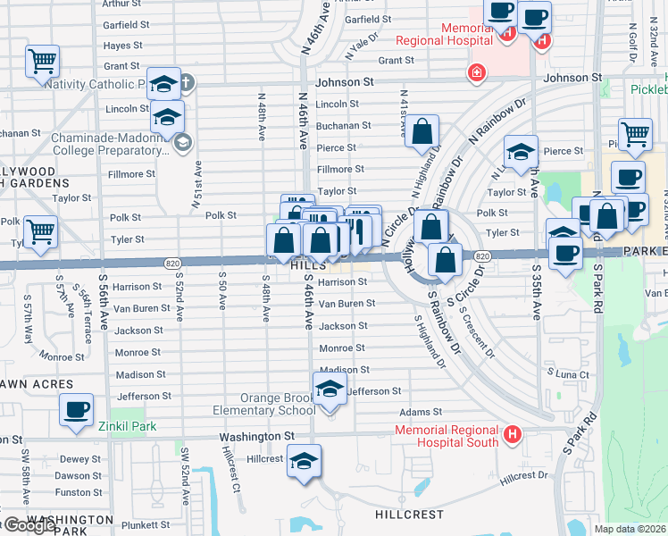 map of restaurants, bars, coffee shops, grocery stores, and more near 4500 Hollywood Boulevard in Hollywood
