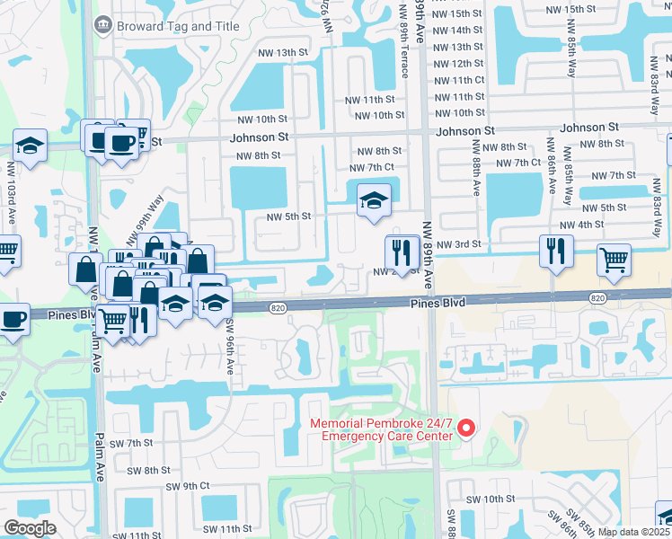 map of restaurants, bars, coffee shops, grocery stores, and more near 154 Northwest 92nd Avenue in Pembroke Pines
