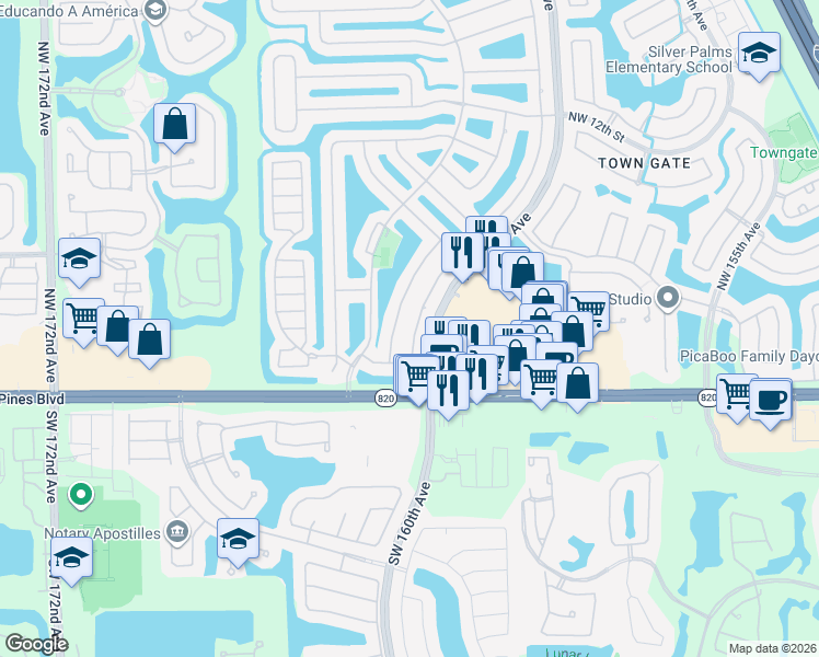 map of restaurants, bars, coffee shops, grocery stores, and more near 270 Northwest 161st Avenue in Pembroke Pines