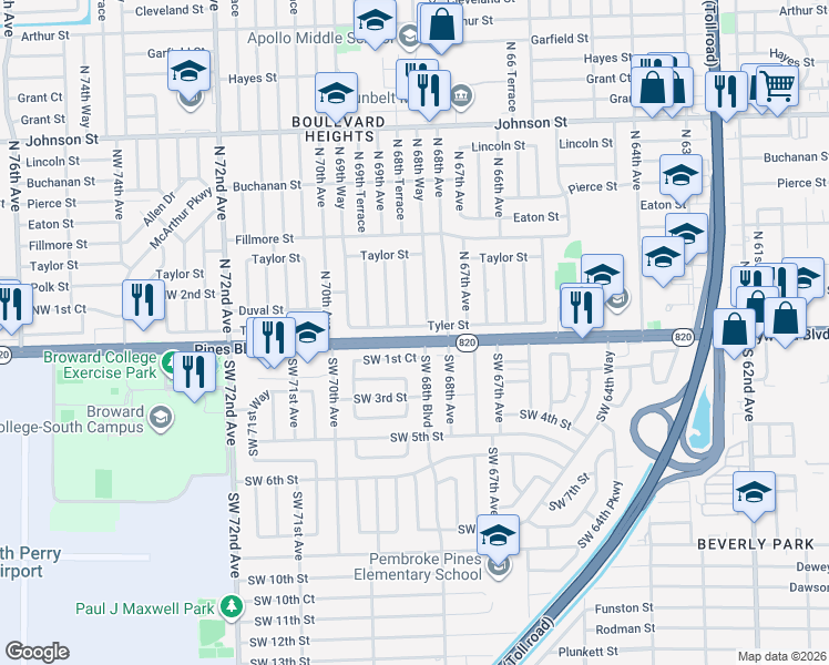 map of restaurants, bars, coffee shops, grocery stores, and more near 6850 Tyler Street in Hollywood