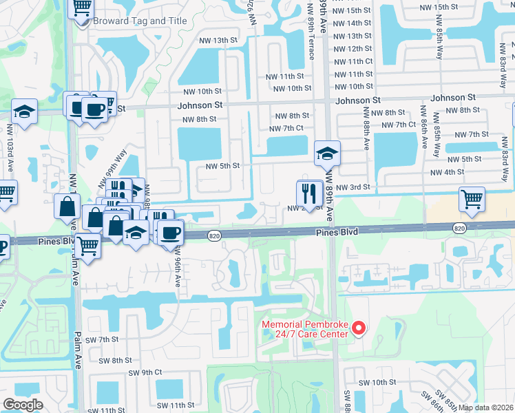 map of restaurants, bars, coffee shops, grocery stores, and more near 154 Northwest 92nd Avenue in Pembroke Pines