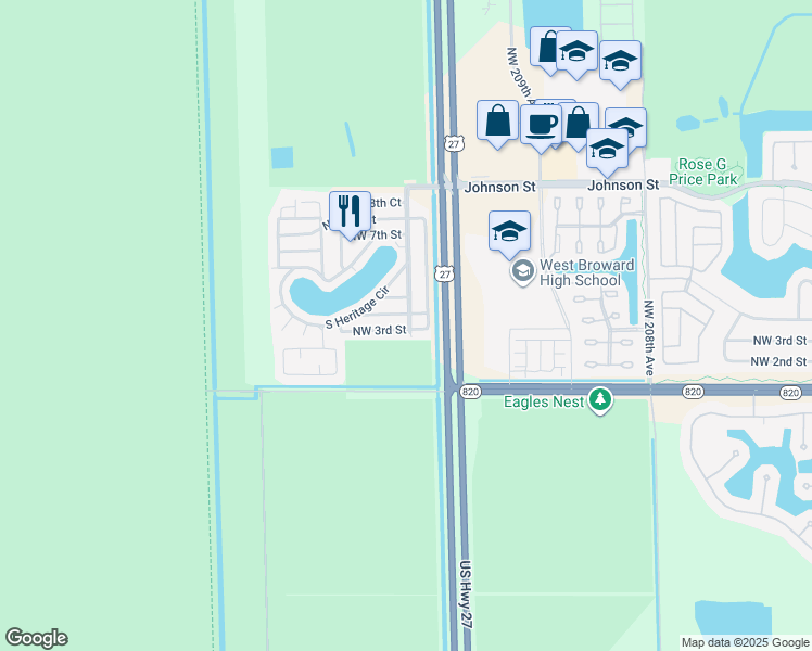 map of restaurants, bars, coffee shops, grocery stores, and more near 21501 Northwest 3rd Street in Pembroke Pines