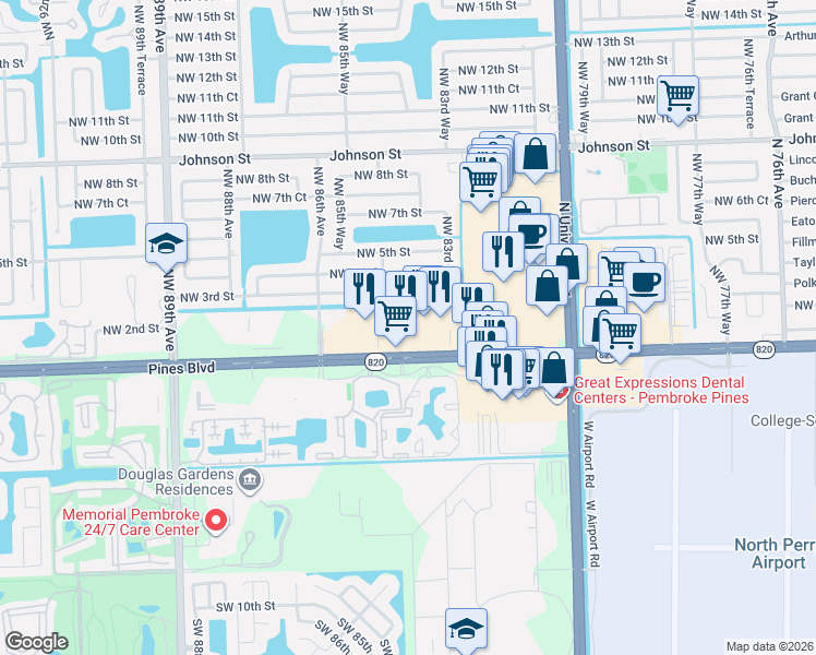 map of restaurants, bars, coffee shops, grocery stores, and more near 8341 Pines Boulevard in Pembroke Pines