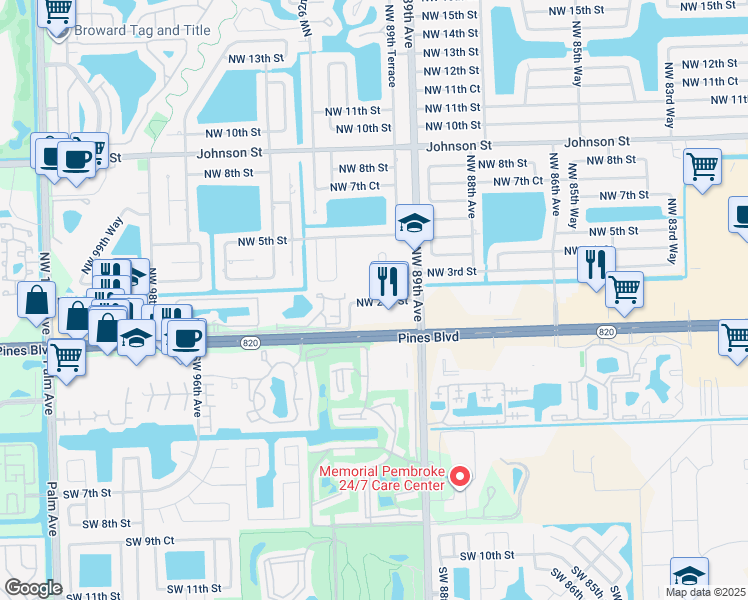 map of restaurants, bars, coffee shops, grocery stores, and more near 3443 Northwest 2nd Street in Pembroke Pines