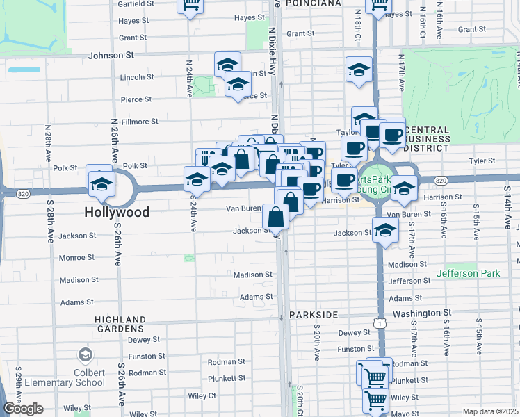 map of restaurants, bars, coffee shops, grocery stores, and more near 2136 Van Buren Street in Hollywood
