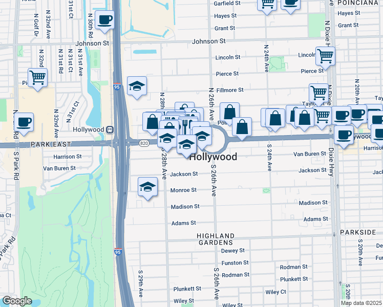 map of restaurants, bars, coffee shops, grocery stores, and more near 2717 Van Buren Street in Hollywood
