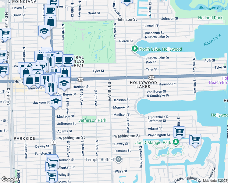 map of restaurants, bars, coffee shops, grocery stores, and more near 1351 Van Buren Street in Hollywood