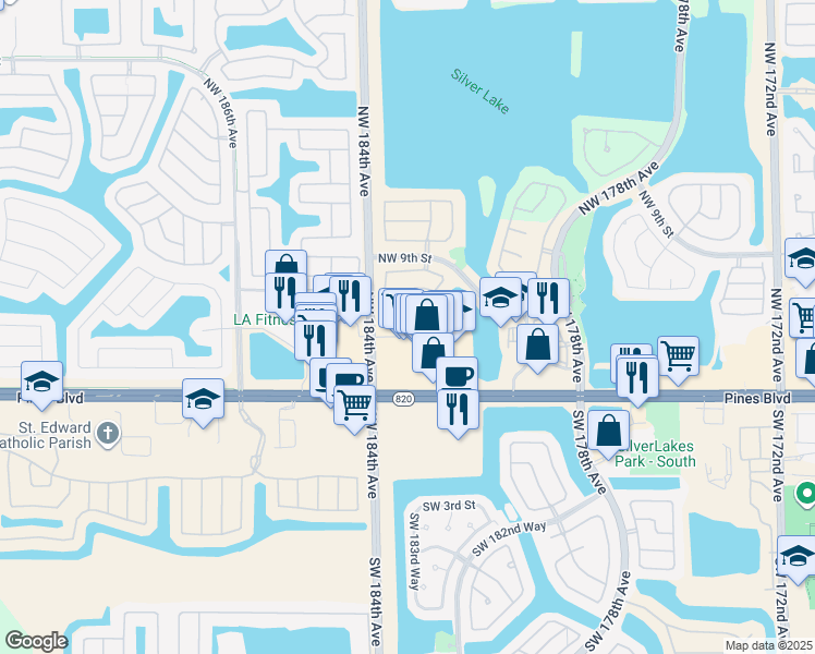 map of restaurants, bars, coffee shops, grocery stores, and more near 18326 Northwest 6th Street in Pembroke Pines