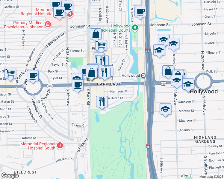 map of restaurants, bars, coffee shops, grocery stores, and more near 3211 Harrison Street in Hollywood