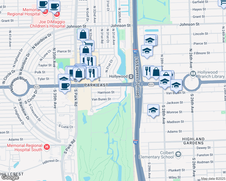 map of restaurants, bars, coffee shops, grocery stores, and more near 3125 Harrison Street in Hollywood