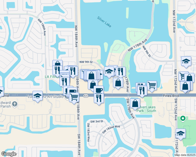 map of restaurants, bars, coffee shops, grocery stores, and more near 561 Northwest 182nd Way in Pembroke Pines