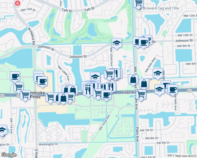 map of restaurants, bars, coffee shops, grocery stores, and more near 10512 Northwest 3rd Street in Pembroke Pines