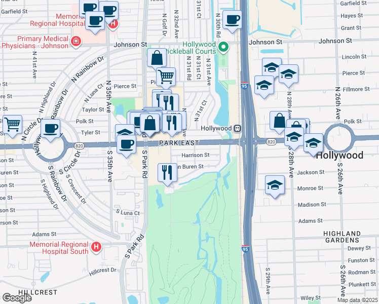 map of restaurants, bars, coffee shops, grocery stores, and more near 3211 Harrison Street in Hollywood